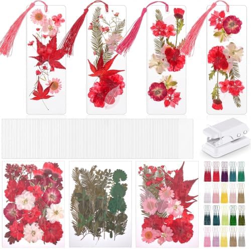 Fuyoooo 376 Pcs Pressed Flower Bookmark Kit,Red,2 x 6 Inch by Liraitoya
