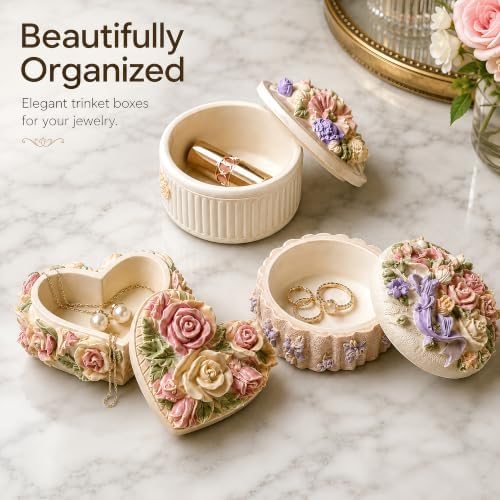 3 Pcs DIY Floral Plaster Jewelry Box Painting Kit for Adults & Teens - 3D Flower Trinket Boxes (Heart, Round, Oval) - Includes 6 Paint Strips, 9 Brushes, 3 Palettes & Secure Packaging - Image 3