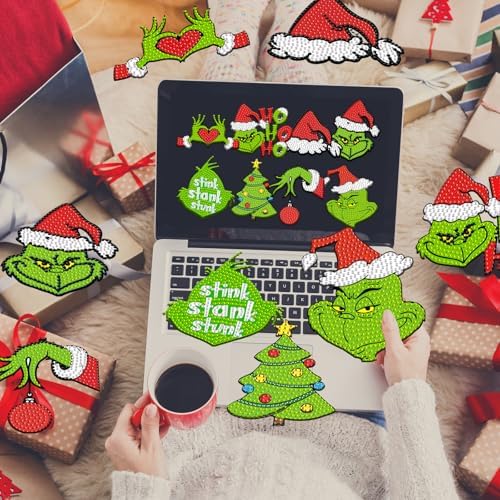 8 Pcs Christmas Diamond Art Painting Coasters Kits DIY Cartoon Diamond Art Painting Coaster Xmas Green Coasters with Holder Diamond Craft Painting Kits Supplies for Holiday Gift - Image 6