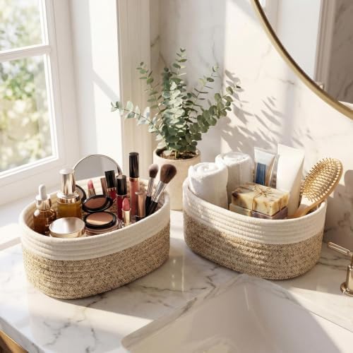 10 Pack Small Woven Baskets, Cotton Rope, White, Linen - Image 5