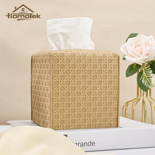 HOMOTEK 1 Pack Tissue Box Cover, Square PU Leather Tissue Holder, Decorative Facial Tissue Cube Paper Organizer Dispenser for Bathroom, Night Stands, Desk, Car 5X5X5'' - Rattan Weave, Camel - Image 3