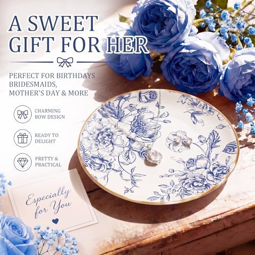 Mifoci Floral Ceramic Jewelry Tray Ring Holder Trinket Dish for Women Blue - Image 2