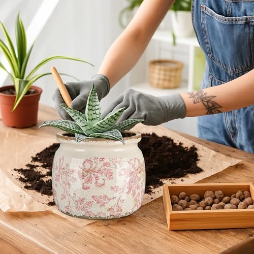 5.9'' Vintage Ceramic Planter, Ice Crack Glaze Pink Floral Pot - Image 5