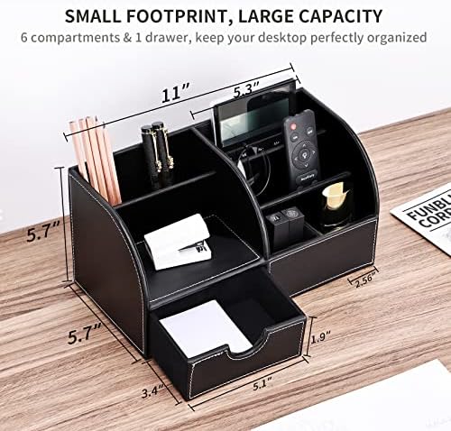 KINGFOM Pu Leather Desk Organizer Pen Pencil Holder Office Supplies Caddy Storage Box 6 Compartments with Drawer Black - Image 6