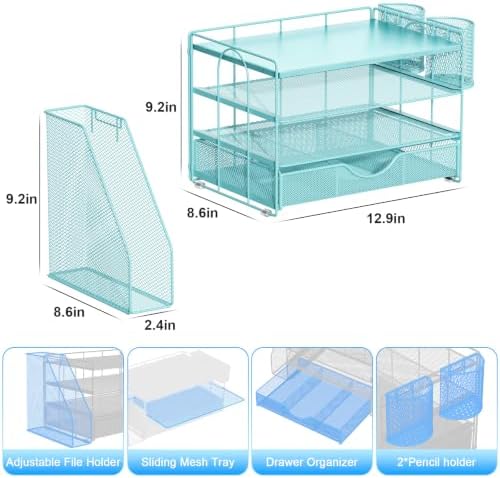 gianotter Wood Desk Organizers and Accessories with File Holder, 4-Tier Desk Accessories & Workspace Organizers with Drawer and 2 Pen Holder, Desk Reference Organizer (Blue, 4T with Metal Drawer) - Image 5