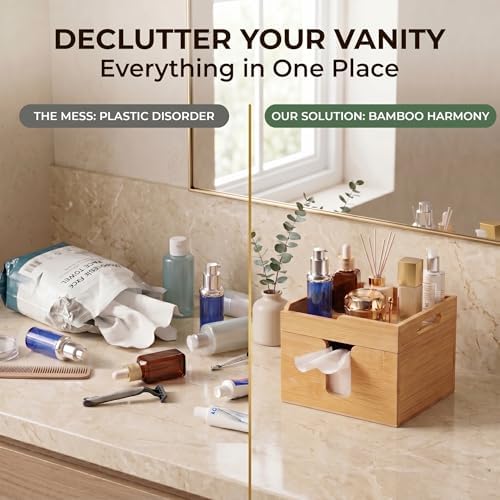 Bamboo Face Towel Holder, XL Facial Towel Organizer with Tray - Image 2