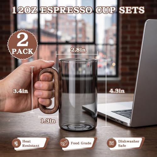 12OZ Borosilicate Glass Mug with Walnut Handle, 2-Pack - Image 2