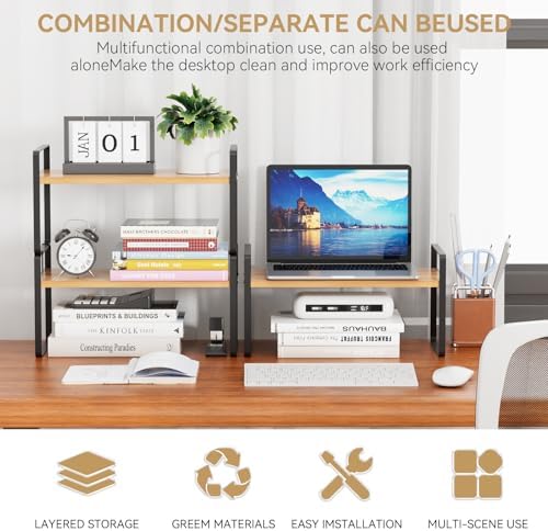 YGYQZ Desk Shelf Organizer, 2-Tier Desktop Bookshelf, Black & Wood - Image 6