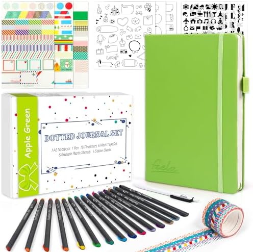 Dotted Journal Kit, Feela Dot Grid Journal Hardcover Planner Notebook Set For Beginners Women Girls Note Taking with Journaling Supplies Stencils Stickers Pens Accessories, A5, 224 Pages, Apple Green by feela