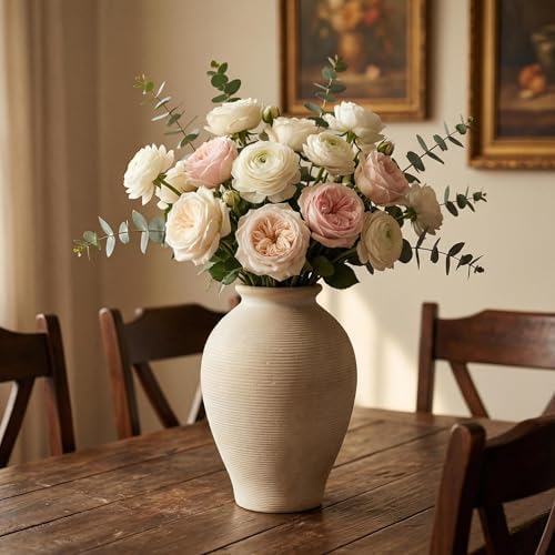 Large 9 Inch Ceramic Vase, Farmhouse Rustic Table Centerpiece, Vintage Floor Vase for Dried Flowers, Home Decor for Living Room, Mantel, Bookshelf & Office - Image 4