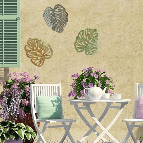 Palm Leaves Wood Wall Decor , 3Pcs Tropical Wall Art Jungle Decor, Wooden Natural Leaves Plant Wall Decor, Vintage Tropical Plant Plaque for Home Living Room Kitchen Bedroom Bathroom & Garden, Yellow&Blue&Green - Image 3