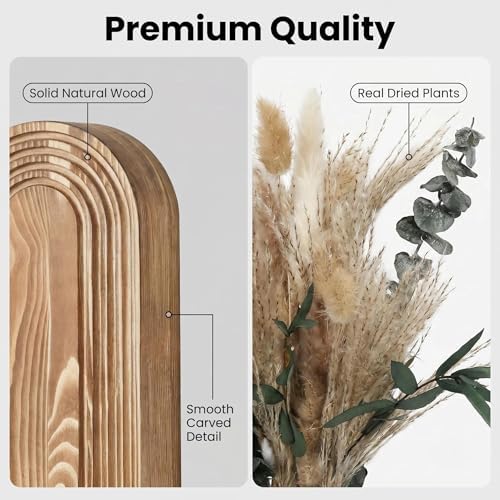 Set of 2 Wooden Wall Vases with Dried Pampas Grass & Eucalyptus, Boho Farmhouse Decor for Living Room, Entryway, Bathroom, Rustic Home Art(Brown) - Image 3