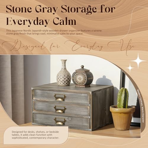 Stackable Modular Desktop Drawer Organizer, Solid Wood Grey 3-Drawer Storage Unit with Label Pull Handles, Stone Gray Japandi Style, Expandable by Adding More Units for Clutter-Free Spaces - Image 7