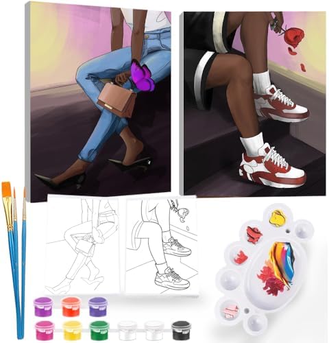 2Pcs Sip and Paint Kit for Adults,Valentines Couple Painting Kit Supplies Canvas, Pre Drawn Canvas to Paint for Date Night for Couples DIY Acrylic Painting Kits Party Favor 8×10 by iPaint
