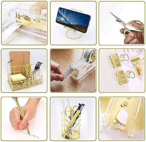 Office Desk Organizers, Gold 13PCS Office Supplies and Accessories Desk Organizer, Acrylic Stapler, Staple Remover, Clips, Scissor, Phone Holder, Pen, Pen Holder - Image 4