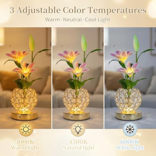 Stargazer Lily Flowers Crystal Table Lamp, Rechargeable Touch Night Lamp - Image 3