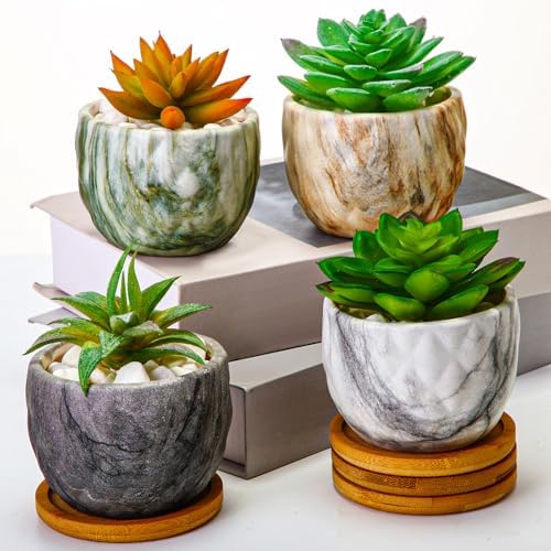 Ziliny Marbling Ceramic Flower Pot 3.35 Inch Succulent Small Plant Cactus Herbs Planter Ceramic Pot with Drainage Hole Matte Round Container(4 Pcs,Modern Style) by Ziliny