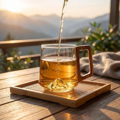 Gray Glass Slanted Coffee Cups with Wooden Handle, 15.2oz Wonder Mountain Bottom Wood Handle Cup, Hot & Cold Drinks Vintage Style Wood Handle Mug for Coffee& Tea Lovers(Brown,1pc) - Image 5