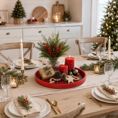 Novabright 11.8" Round Red Christmas Tartan Plaid Wooden Serving Tray - Image 4