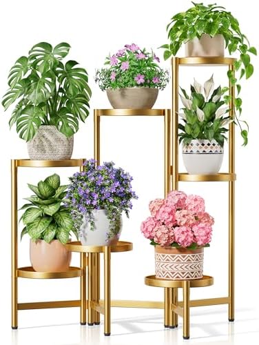 Stand Plants Gold, 7 Tiered Corner Plant Stand Indoor Outdoor, Tall Folding Rack with Rust Proof 7.9 Inch Wide Tray, Heavy Duty Flower Shelf for Multiple Plants for Patio - GoldDisk by Unknown