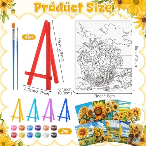 Blosssound 10 Set Pre Printed Canvas Pre Drawn Canvas Painting with Easel Kits 5" x 7" Outline Painting Panels for Beginners, DIY Craft Project, Home Decors(Sunflower) - Image 2