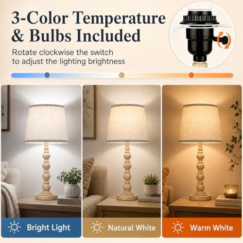 Farmhouse Table Lamps Set of 2, 21" Vintage Nightstand Desk Lamps with Linen Shades, Rustic Resin Bedside Lamps for Bedroom, Living Room, Office, Includes LED Bulbs with 3 light settings, Beige - Image 2