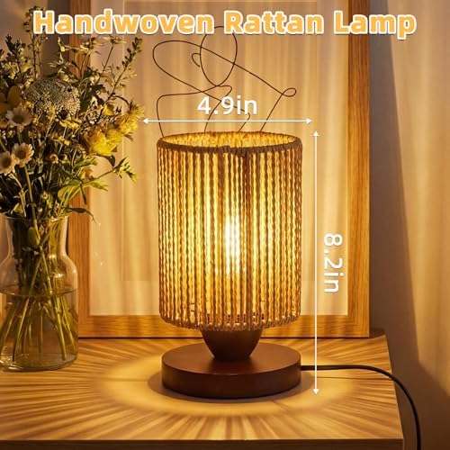 Small Rattan Lamp,Boho Desk Lamp for Living Room,Handmade Farmhouse Woven Bamboo Bedside Lamps for Bedroom,Vintage Wicker Wooden Nightstand Nihgt Light Lamps for Home Decor Gifts for Women Girls - Image 5