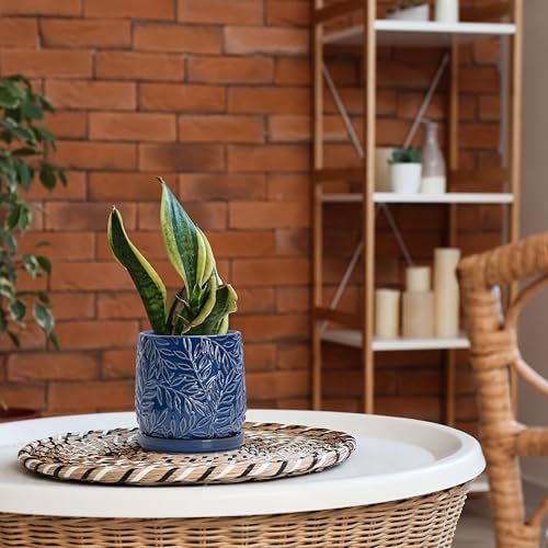 D'vine Dev Embossed Leaves Ceramic Planter, 6 in, Midnight Blue, 27-A-X-3 - Image 7