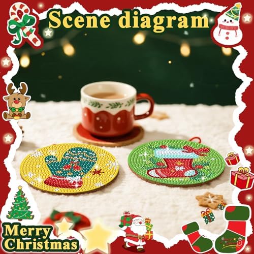 Leatrice 8 PCS Christmas Diamond Art Coasters Kits with Holder 4 in - Image 5