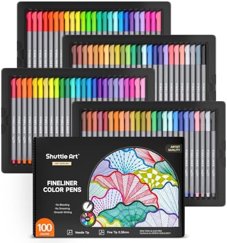 Shuttle Art Fineliner Pens, 100 Colors 0.38mm Fineliner Color Pen Set Fine Line Drawing Pen Fine Point Markers Perfect for Adult Coloring Books Drawing and Journal Art Projects by ShuttleArt
