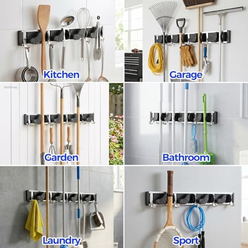 Holikme Mop Broom Holder Wall Mount Metal Pantry Organization and Storage Garden Kitchen Tool Organizer Wall Hanger for Home Goods (4 Positions with 4 Hooks, Black) - Image 5