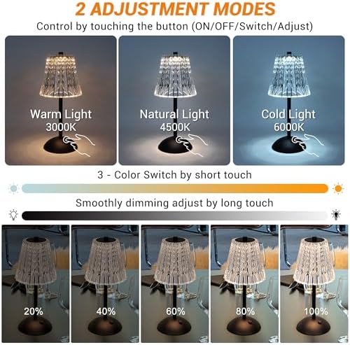 Cordless Table Lamp, 4000mAh Rechargeable Battery Operated Lamp, 3 Color Modes & Stepless Dimmable LED Touch Lamp, Portable Crystal Metal Beside Lamps for Bedroom Restaurant Outdoor(Black) - Image 5