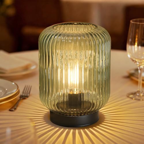 LUSHARBOR Battery Operated Lamp, Cordless Table Lamps for Home Decor, Battery Powered Nightlight with LED Bulb, Decorative Glass Beside Lamp for Bedroom Living Room-Green by LUSHARBOR