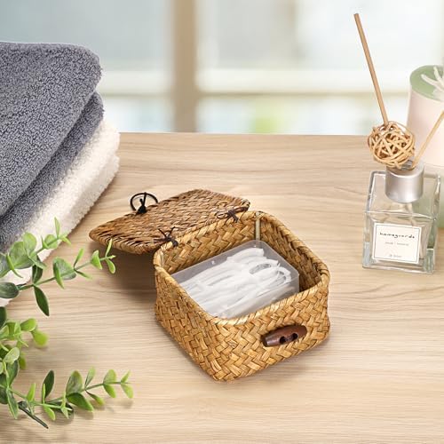 Hipiwe Handwoven Wicker Basket Box with Lid Small Seagrass Desk Organizer - Image 5