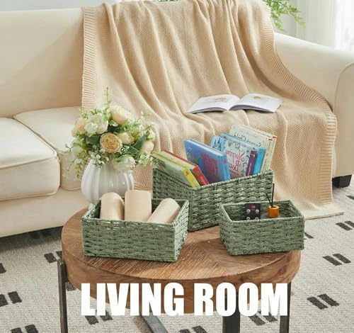 Small Wicker Basket for Organizing, Woven Storage Basket Set of 3 - Handwoven Natural Paper Rope Baskets to Declutter Any Room, Perfect for Organizing and Home Decor (Green) - Image 2