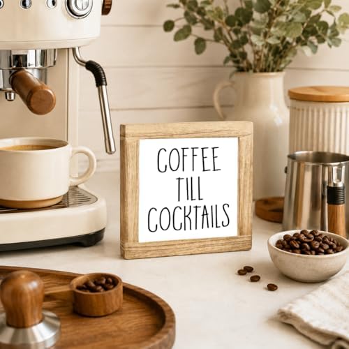 Coffee Till Cocktails Wood Sign, Funny Drink Bar Decor Plaque, Rustic Farmhouse Kitchen Counter Accent, Coffee Station Shelf Sitter For Home Bar Dining Room Cafe Corner Gift, 5.9 x 5.9 in - Image 4