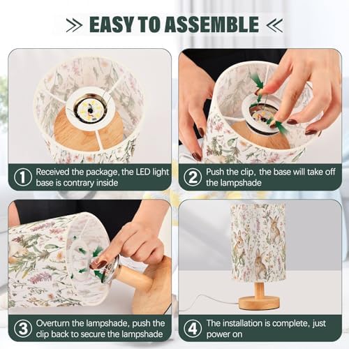 Fustylead Cute Rabbits Wild Flower Rabbit Bedside Table Lamps with USB Port for Bedroom LampSmall Nightstand Lamp Sturdy Linen Shade Wooden Base Decorative Lamps for Nursery Kids Reading Dorm Home - Image 6
