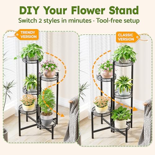 Plant Stand Indoor Outdoor, 5 Tier Corner Metal Flower Display Holder Stand, Folding Tall Plant Rack for Patio Balcony Porch Garden Living Room House, Heavy Duty Wrought Iron Plant Shelf - BlackFlower - Image 4