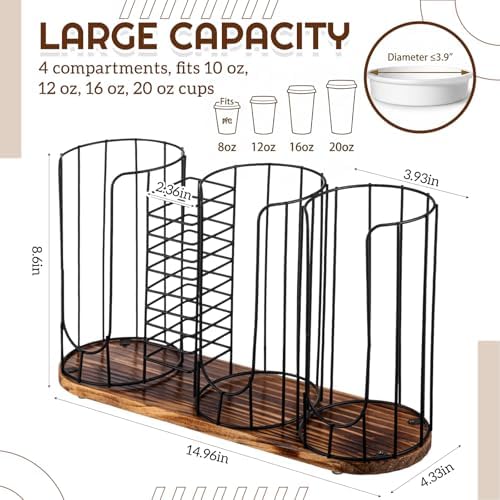 Geelin 18oz Adjustable Coffee Cup Dispenser with Wooden Base, Cup and Lid Holder, Cups Holder Organizer for Coffee Pod Straw and Lid Storage(4-compartment Single,Color 5) - Image 2