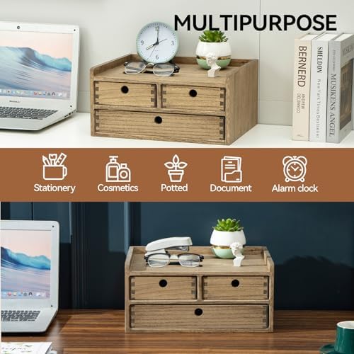 KIRIGEN Wooden Desk Organizer with 3 Drawers and Top Shelf Brown DT2D3C-DBR - Image 3