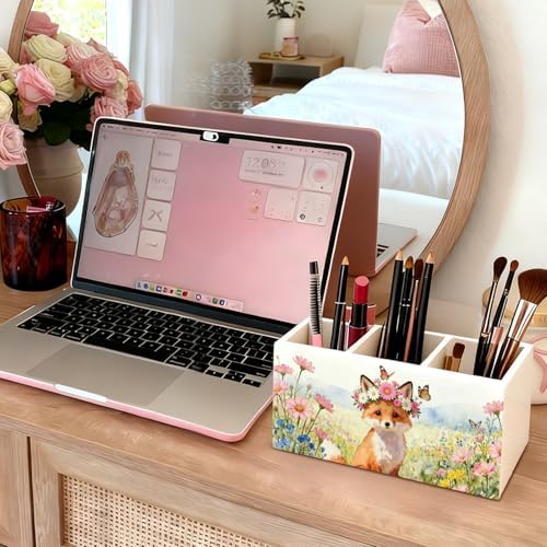 Fox Pen Pencil Holder for Desk Accessories, Fox Gifts for Women, Animal Lovers Gifts, Rustic Butterfly Flower Wild Animal Wooden Box Sign Decorations for Kids Room Home Office Desk Tabletop - Image 5