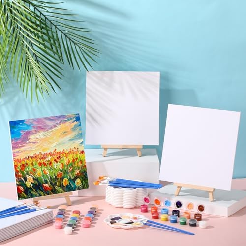 Qilery 12 Set Mini Canvas Painting Kit with Easel Paints, 8 x 8 Inch - Image 4