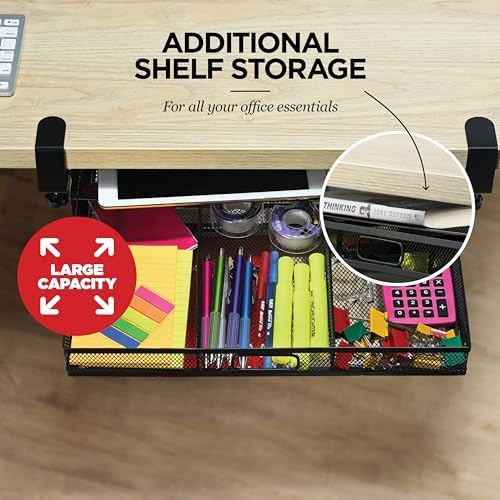 Under Desk Drawer Organizer Clamp-On, Mesh Metal Attachment, 1 Drawer Slide Out, On or Under Desk Organizer for Office Supplies & Home Essentials - Image 2