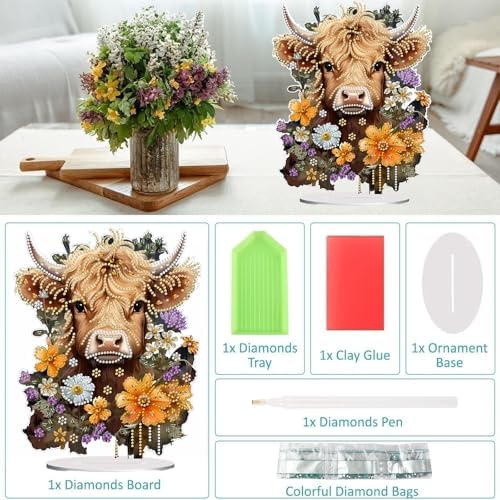 Diamond Painting Kits for Adults Beginners, 5D Full Drill Highland Cattle Crystal Art Desktop Ornament, DIY Single Sided Home Office Desk Decor, Creative Craft Gift Set with Tools - Image 3