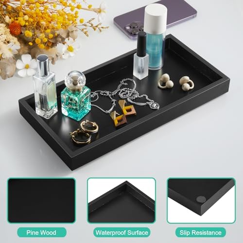ALELION 13" Bathroom Vanity Tray for Counter - Black Wood Tray for Toilet Tank Makeup Perfume Jewelry Catchall Coffee Table - Wooden Kitchen Countertop Organizer for Soap Dispenser - Image 5