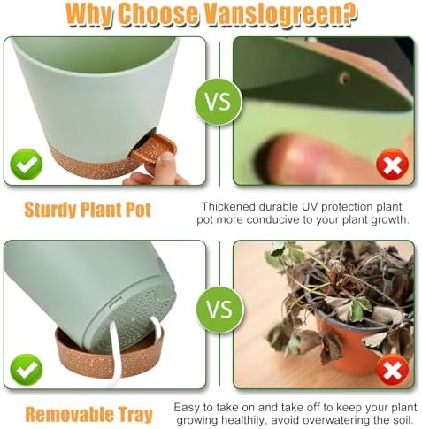 Vanslogreen Planters for Indoor Plants 7/6.5/6/5.5/5 Inch, Self Watering Planters with Drainage Holes and Saucers 5 Pack Plastic Pots for Plants, Succulents, Herbs, Cactus, Flower Pots, Green - Image 5