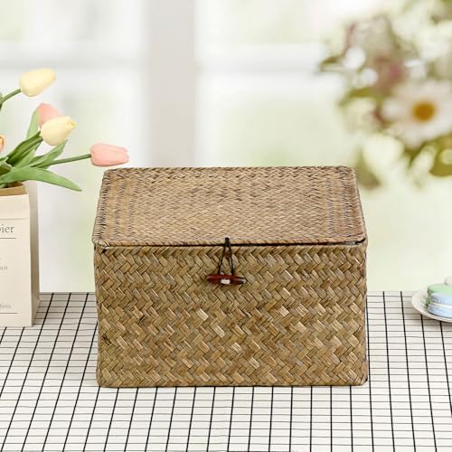 Hipiwe Seagrass Wicker Storage Basket Bin Boxes with Lid, Coffee, X-Large - Image 5