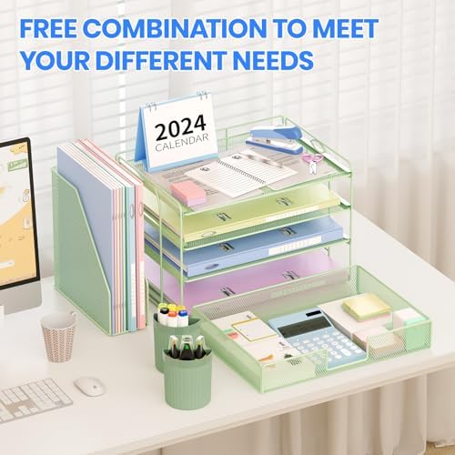 OPNICE Desk Organizer, 4-Tier Desktop File Organizer with Drawer and Pen Holders, Office Desk Accessories, File Sorters, Workspace Organizers for Office Supplies(Green) - Image 3