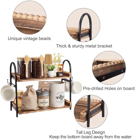 BDBDYEAY Coffee Bar Accessories, 2-Tier Coffee Bar Organizer with 4 Coffee Cup Holder Hooks, Mul-tifunctional Wooden Beaded Coffee Station Countertop Stand Shelf for Kitchen Home Office - Image 4