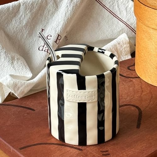 Ceramic Coffee Mugs 10 oz Retro Striped Coffee Mug No Handle with Straw - Image 2